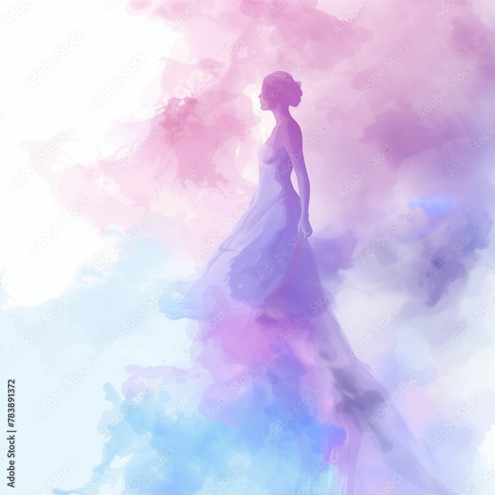 Elegant Woman in White Dress on Soft Watercolor Panorama - Pastel Vector Background, Watercolor abstract, background with pastel colors, purple tones in the style of a soft watercolor texture