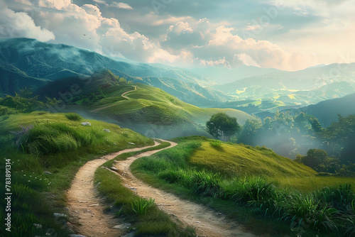 A beautiful mountain landscape with a path leading through the grass. The sun is shining through the clouds, creating a warm and peaceful atmosphere