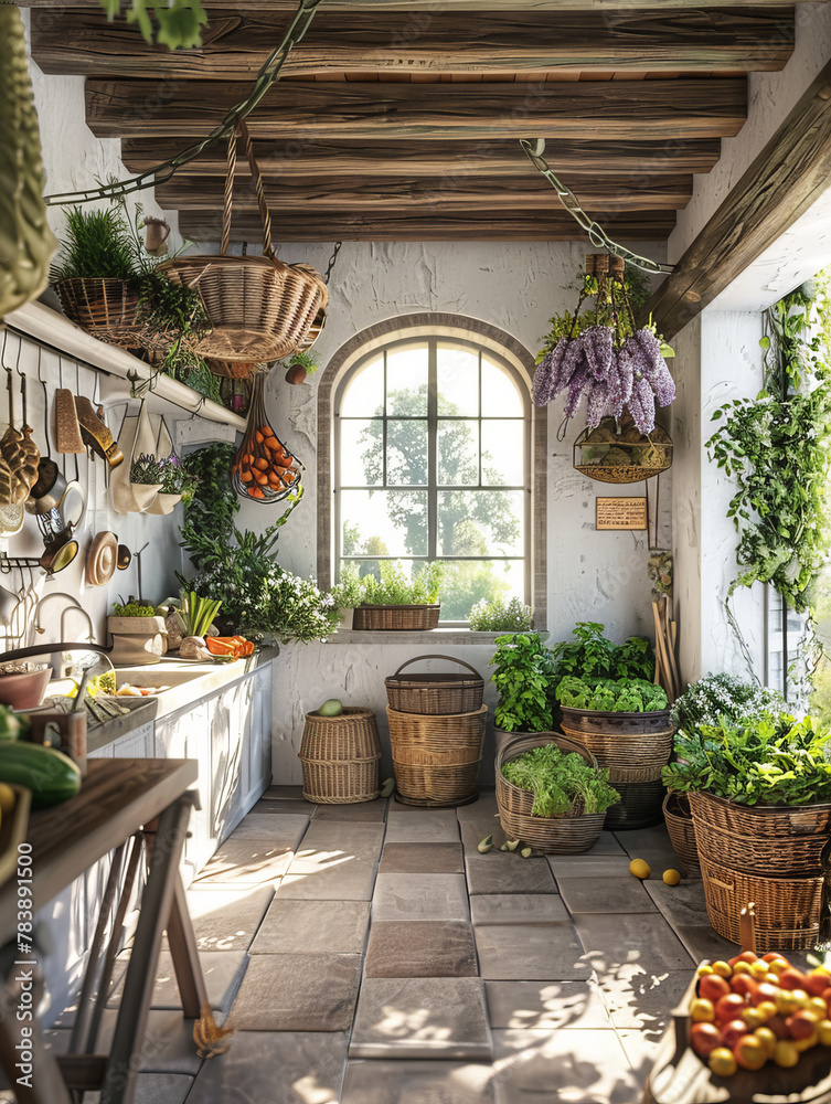 Fototapeta premium Rustic Farmhouse Kitchen DecorFresh Produce Baskets | Cozy Country Cooking Scene