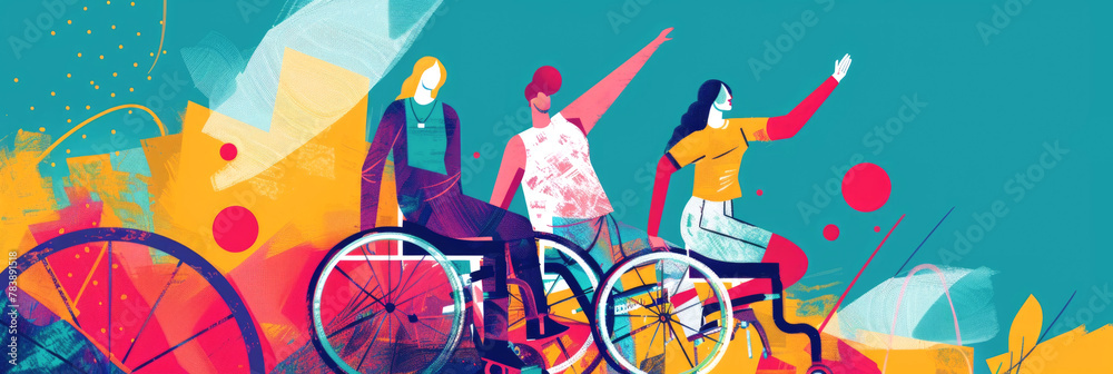 A vibrant illustration showcasing a group of diverse people engaging in various leisure activities in a park-like environment, filled with splashes of bright colors A vibrant illustration showcasing a group of diverse people engaging in various leisure activities in a park-like environment, filled with splashes of bright colors