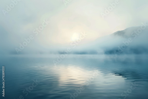 A foggy mountain range is reflected in the water. The sky is a mix of blue and white, with the sun peeking through the clouds. The scene is serene and peaceful, with the water