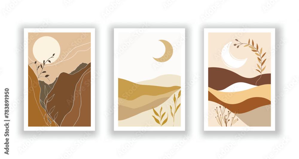 set of 3 Gold Mountain Landscape Wall Art Set with Moon and Sun: Minimalist Earth Tones