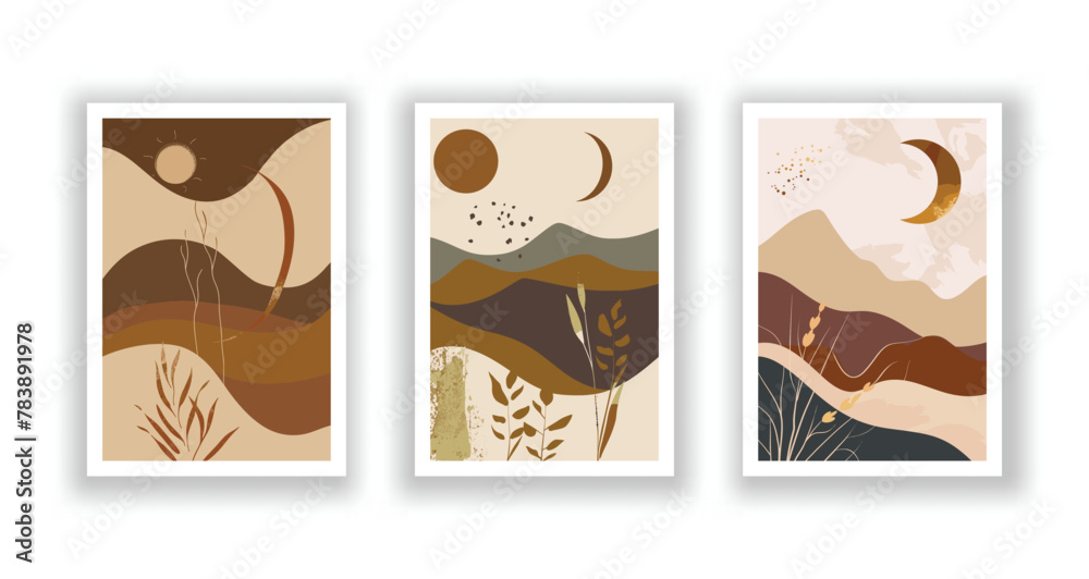 set of 3 Gold Mountain Landscape Wall Art Set with Moon and Sun: Minimalist Earth Tones