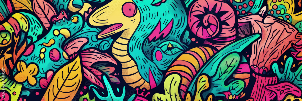 An array of colorful, abstract creatures intertwined with intricate patterns in a psychedelic design