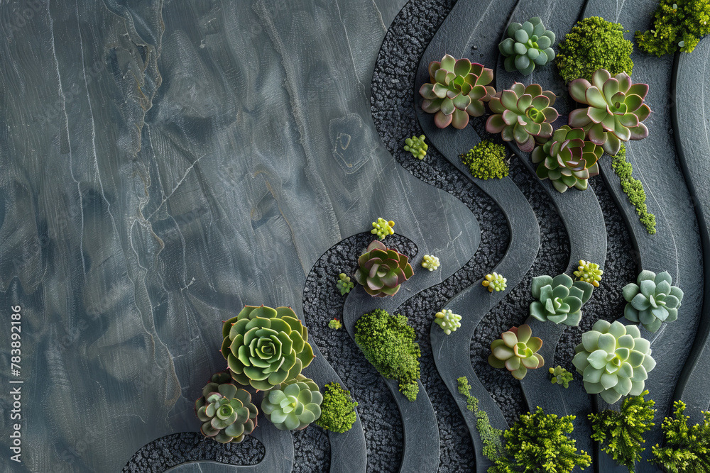 A rock garden with a variety of plants including succulents and cacti. The plants are arranged in a way that creates a sense of movement and flow - obrazy, fototapety, plakaty 