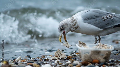 Seagull eating food and the polystyrene container that was left on the beach photo