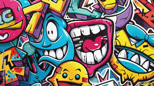 A vibrant collection of graffiti art covers the side of a building, showcasing a variety of colors, shapes, and designs created by urban artists