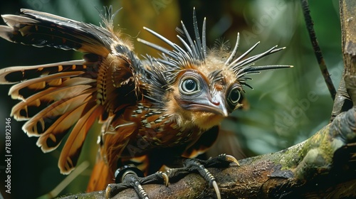 Unique Hoatzin chick perched on branch in South American rainforest