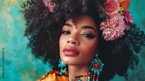 Playful Black Woman with Vibrant Outfit and Bold Makeup