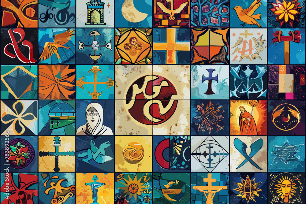 Colorful mosaic depicting diverse religious symbols, promoting interfaith harmony, understanding, and cultural appreciation