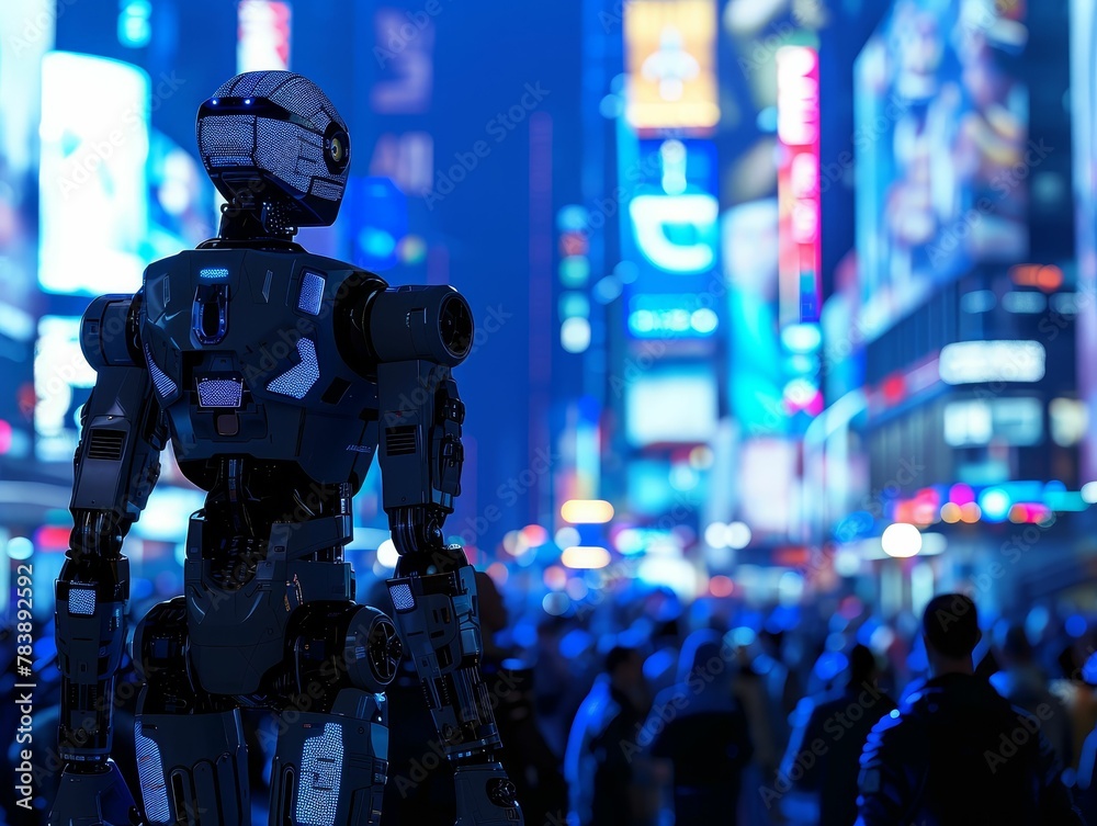 Advanced Robot, Synthetic Skin, UltraIntelligent AI Companions, In a bustling metropolis at the brink of singularity, Advanced Robot strolls among crowds of humans and machines Advanced Robot, Synthetic Skin, UltraIntelligent AI Companions, In a bustling metropolis at the brink of singularity, Advanced Robot strolls among crowds of humans and machines