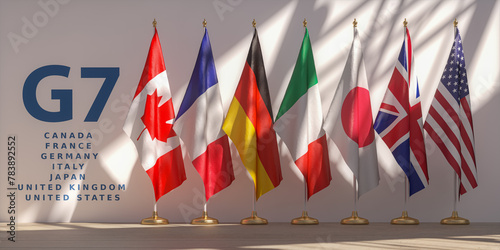G7 summit or meeting concept. Row from flags of members of G7 group of seven and list of countries.