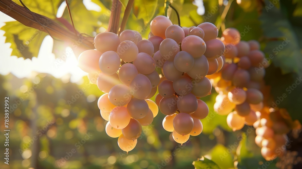 Air Grape, delicate and ethereal, manifesting the lightness and crispness of air in its translucent, pale purple hue and effervescent flavor, floating gracefully in a sunlit vineyard 3D render - obrazy, fototapety, plakaty 