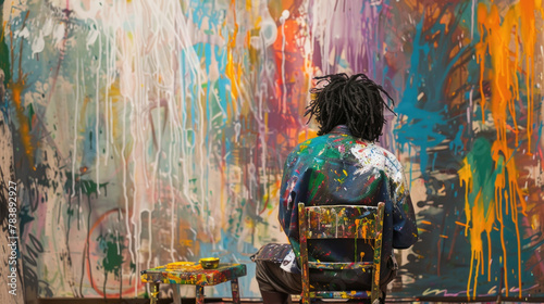 A person sitting in a chair facing a painting on a wall, engaged in observation and contemplation