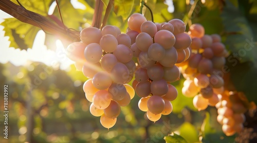 Air Grape, delicate and ethereal, manifesting the lightness and crispness of air in its translucent, pale purple hue and effervescent flavor, floating gracefully in a sunlit vineyard 3D render