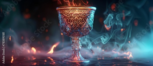 Ancient goblet, etched with intricate patterns, bestows limitless liquid to its possessor A magical scene captured in a realistic image with a chromatic aberration effect , Rear view photo