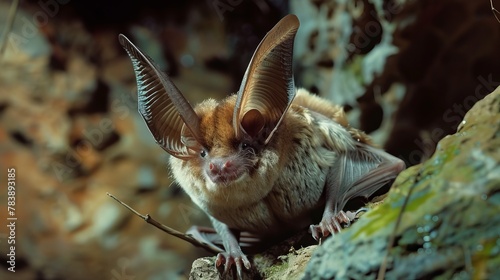 Long-eared bat in lush cave