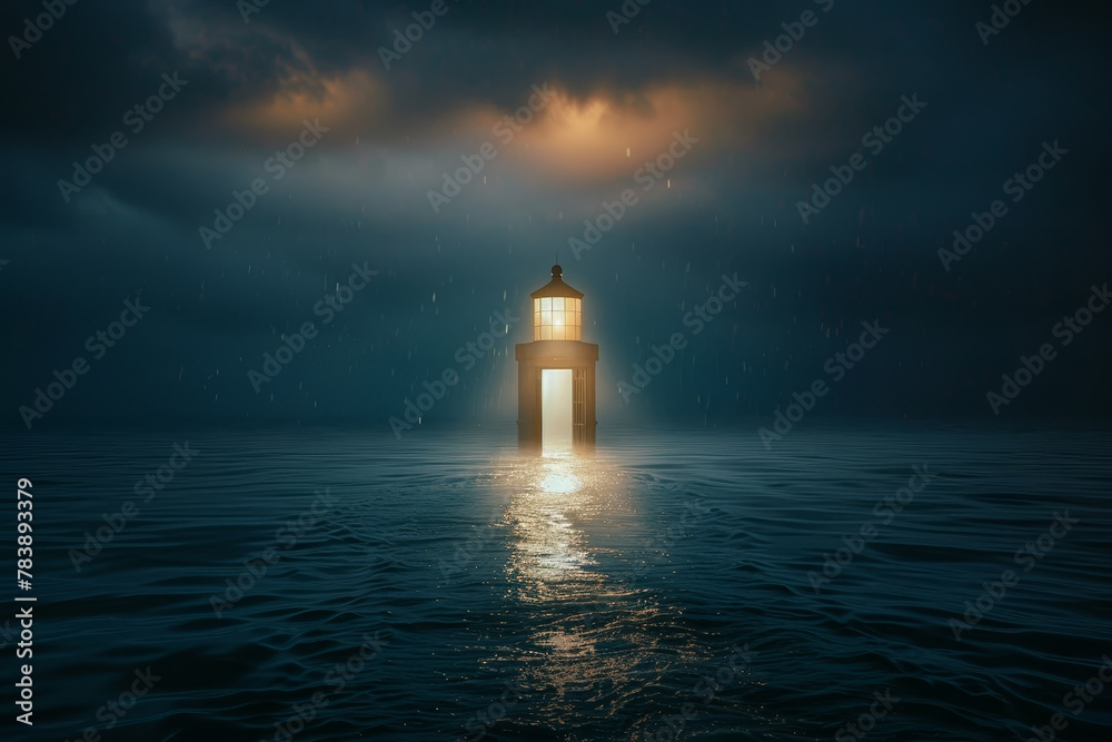 A lighthouse is lit up in the dark ocean. The water is calm and the sky is cloudy