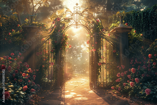 A gate with a beautiful garden in front of it. The gate is open and the sunlight is shining through the leaves of the plants