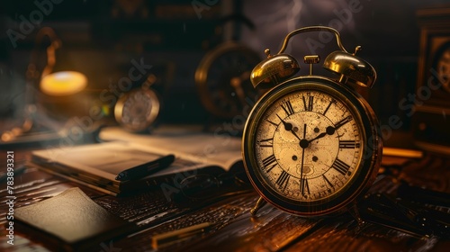 Antique clock, ticking loudly, on a cluttered desk in a smoky detectives office, stormy night outside, film noir aesthetic, golden hour lighting, realistic image, Topdown view