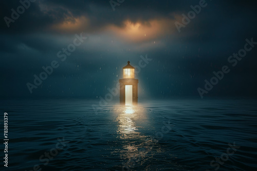 A lighthouse is lit up in the dark ocean. The water is calm and the sky is cloudy