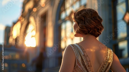 Art Deco building, Gatsby dress, exploring the elegance of symmetry in architecture and fashion Realistic style, golden hour lighting, depth of field bokeh effect, Overtheshoulder shot