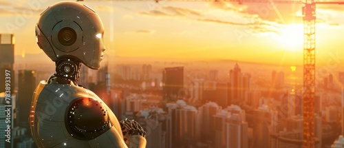 Artificial Intelligence, humanoid form, debating the consequences of programmed morality, in a futuristic cityscape, photography, golden hour lighting, lens flare, Crane shot view