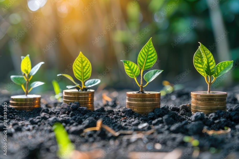 Sprouting saplings on stacked coins in soil - Young plants growing from rich soil atop ascending piles of gold coins invoke ideas of growth, investment, and sustainability - obrazy, fototapety, plakaty 