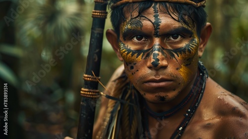 Huaorani Warrior in Amazon Rainforest photo