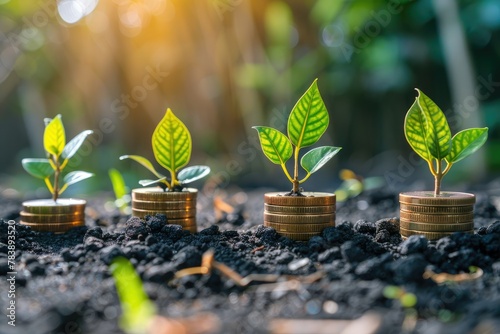 Sprouting saplings on stacked coins in soil - Young plants growing from rich soil atop ascending piles of gold coins invoke ideas of growth, investment, and sustainability photo