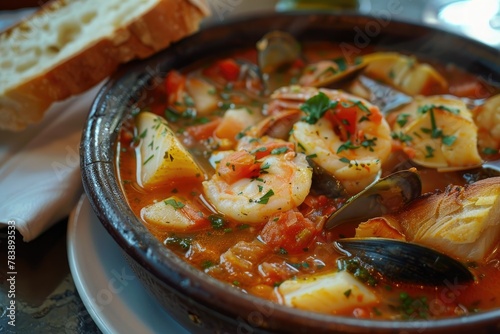 Aromatic seafood stew with bread on the side - Warm and inviting seafood stew with shrimp, mussels, and lemon, garnished with fresh herbs served with bread