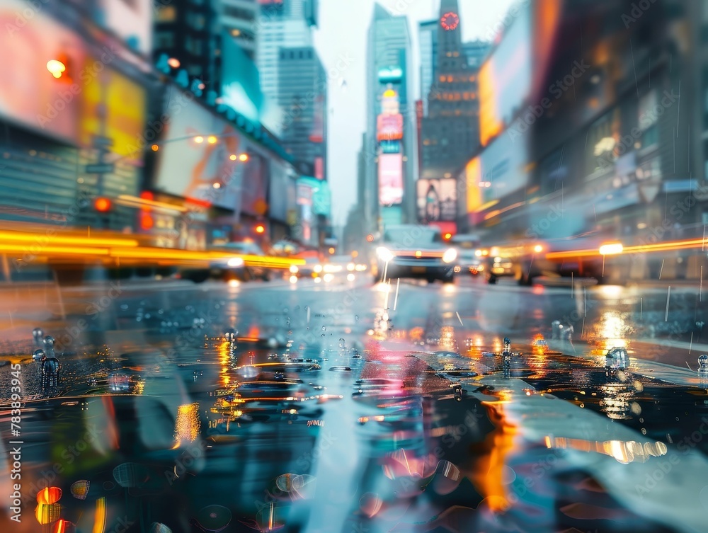 City streets, Raindrops, Immersive soundscapes amplifying urban scenes Photography, Golden Hour, Vignette, Motion Blur, Long shot