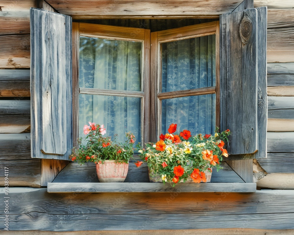 old wooden window with flowerpots on the windowsill. 