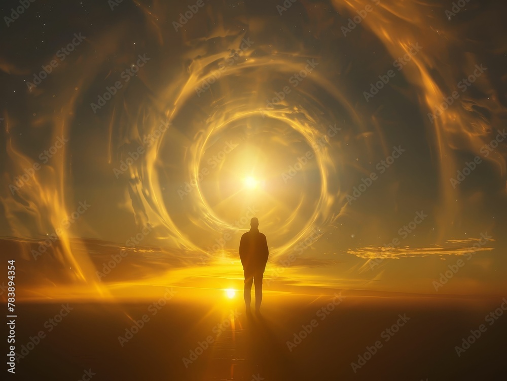 Cosmic Voyager, quantum core, spacetime explorer, journeying through wormholes, unknown galaxies, digital art, golden hour, lens flare, Silhouette shot Cosmic Voyager, quantum core, spacetime explorer, journeying through wormholes, unknown galaxies, digital art, golden hour, lens flare, Silhouette shot