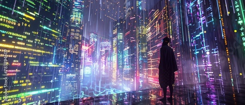 Cyber Cityscape, nanofiber jumpsuit, bustling metropolis of neon holograms, raining lines of binary code, virtual rain, photography, chromatic aberration, motion blur, Silhouette shot photo