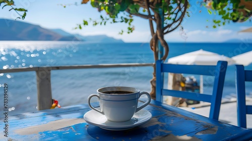 Traditional greek coffee with cafe and the sea at the background
