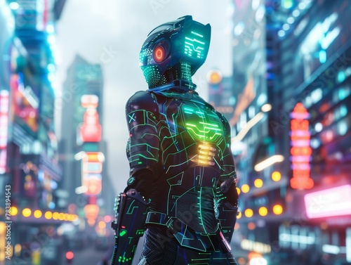 Cyberpunk Cyborg, Neon LED, Techenhanced human with glowing implants, Wearing a futuristic ensemble in a bustling cityscape, Futurist photo