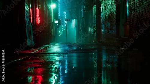 Digital Assassin, Glitching Code, Dangers of hacking consciousness A dark alley, neon lights reflecting on wet pavement, fog creeping in Photography, Silhouette lighting, Vignette, Frontal view