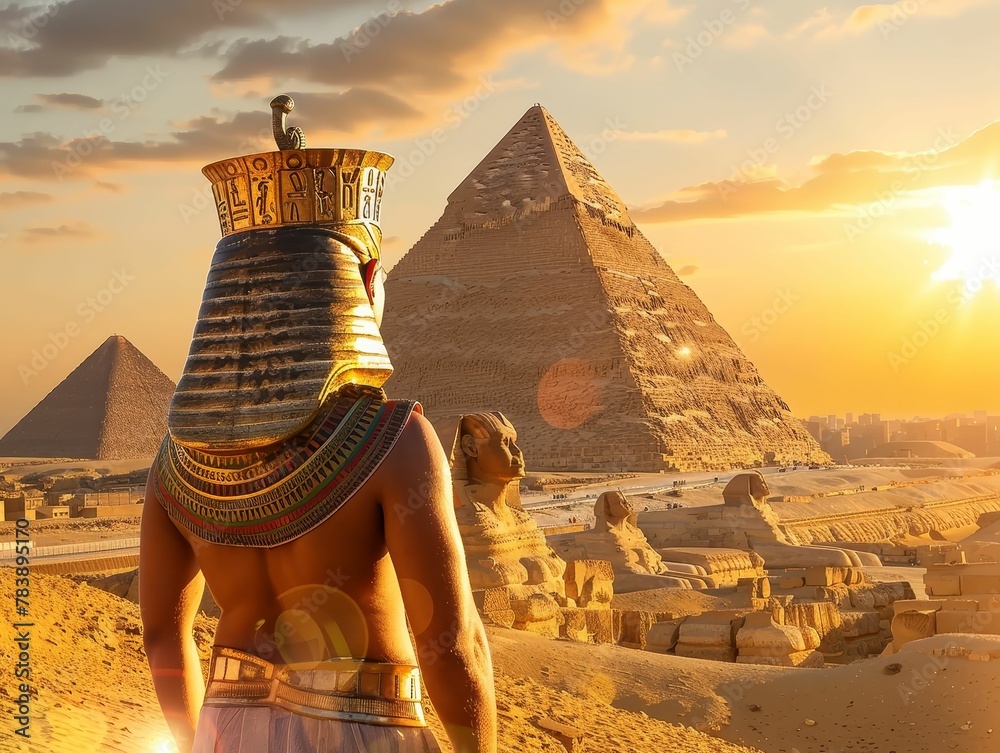 Egyptian Pharaoh, golden crown, powerful ruler, standing in front of ...