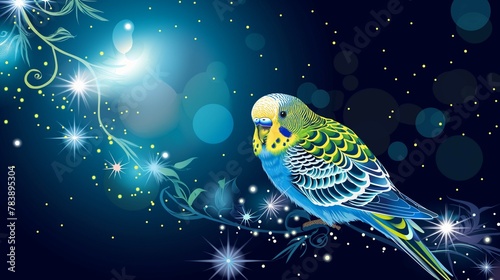 blue and green budgie parrot on blue festive background. 