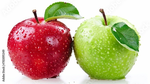 Red and green apples with a leaf on a white background