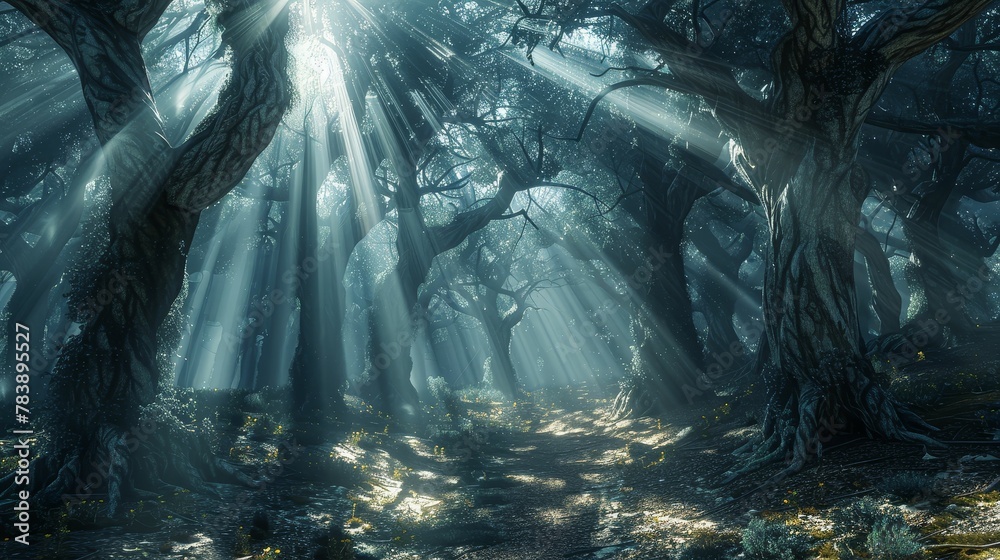 Ethereal light beams shining down on a mystical forest, trees twisted in anguish, shadows dancing on the forest floor 3D Render, haunting Backlights, Wideangle view