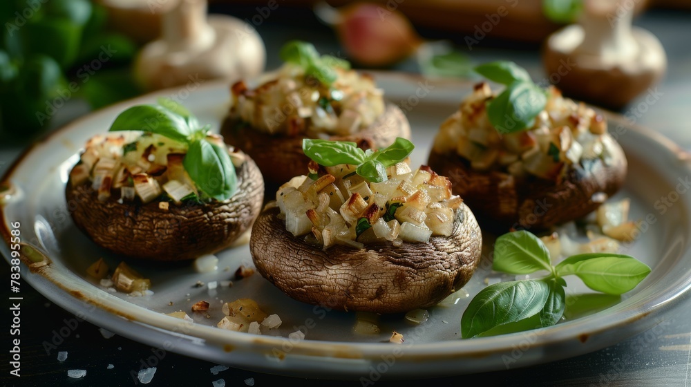 A dish of Irish cuisine, stuffed mushroom caps. Stuffed with chopped basil and onions.