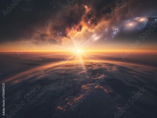 Event horizon, gravitational pull, time distortion, a distant galaxy backdrop, capturing the unknown, photography, golden hour, lens flare, Aerial view