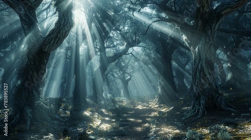 Ethereal light beams shining down on a mystical forest  trees twisted in anguish  shadows dancing on the forest floor 3D Render  haunting Backlights  Wideangle view