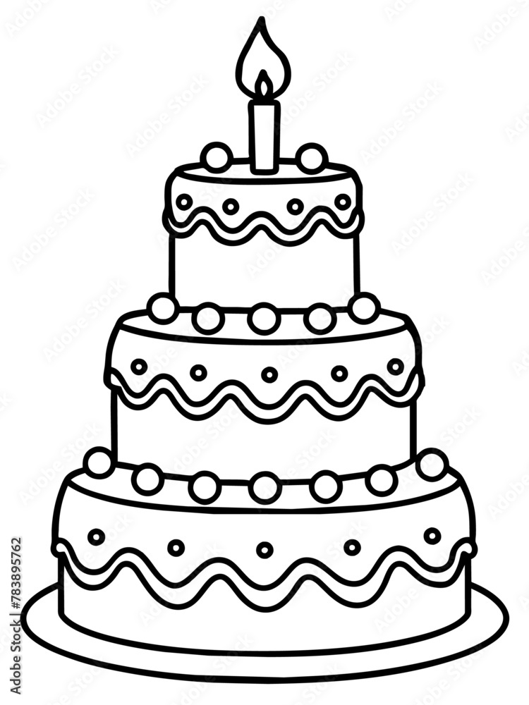 A beautiful decorated three-tiered cake with a candle on top. illustration for coloring book A beautiful decorated three-tiered cake with a candle on top. illustration for coloring book