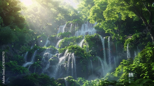 Fantasy Avatar, Digital Forest, Immersing in imagination, Magic cascading waterfalls, Realistic, Sunlight, HDR, Tilted angle vie photo