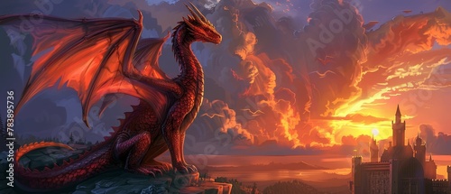Fiery Dragon, scales, mighty creature, guarding a mystical castle at sunset with stormy clouds, digital art, backlighting, chromatic aberration, Highangle view