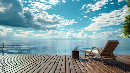 Wooden floor and sea view with chaise longues and cup of coffe photo