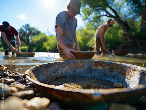 Gold Panning, wornout pan, hopeful miners sifting through river sediment, under a sweltering sun, photography, backlighting, depth of field bokeh effect, Wormseye view